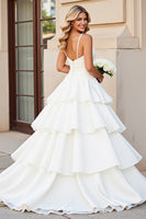 Load image into Gallery viewer, Ivory Satin Spaghetti Straps Sweep Train Ball Gown Wedding Dress with Ruffles