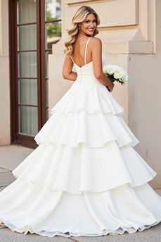 Ivory Satin Spaghetti Straps Sweep Train Ball Gown Wedding Dress with Ruffles