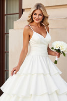 Load image into Gallery viewer, Ivory Satin Spaghetti Straps Sweep Train Ball Gown Wedding Dress with Ruffles