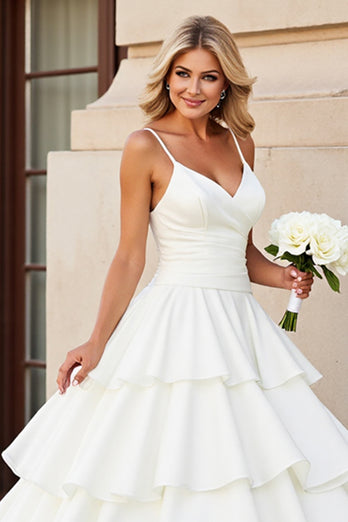 Ivory Satin Spaghetti Straps Sweep Train Ball Gown Wedding Dress with Ruffles