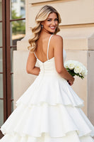 Load image into Gallery viewer, Ivory Satin Spaghetti Straps Sweep Train Ball Gown Wedding Dress with Ruffles