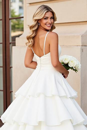 Ivory Satin Spaghetti Straps Sweep Train Ball Gown Wedding Dress with Ruffles
