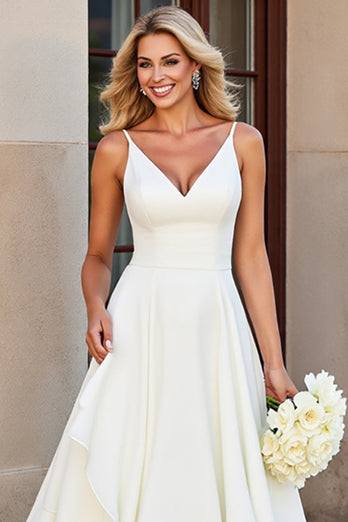 Ivory Chiffon Spaghetti Straps Floor Length Boho Wedding Dress with Ruffles