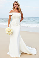 Load image into Gallery viewer, White Satin One Shoulder Sweep Train Mermaid Wedding Dress with Appliques