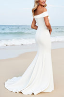 Load image into Gallery viewer, White Satin One Shoulder Sweep Train Mermaid Wedding Dress with Appliques