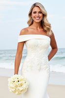 Load image into Gallery viewer, White Satin One Shoulder Sweep Train Mermaid Wedding Dress with Appliques