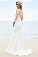 Load image into Gallery viewer, Ivory Satin Illusion Boat Neck Sweep Train Mermaid Wedding Dress with Lace