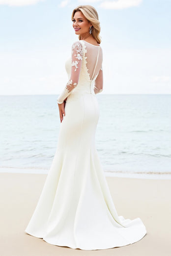 Ivory Satin Illusion Boat Neck Sweep Train Mermaid Wedding Dress with Lace