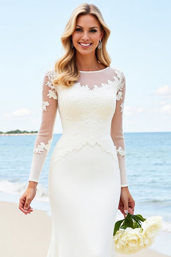 Ivory Satin Illusion Boat Neck Sweep Train Mermaid Wedding Dress with Lace