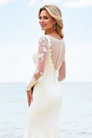 Load image into Gallery viewer, Ivory Satin Illusion Boat Neck Sweep Train Mermaid Wedding Dress with Lace