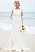 Load image into Gallery viewer, Ivory Satin Boat Neck Sweep Train Mermaid Wedding Dress with Lace