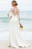 Load image into Gallery viewer, Ivory Satin Boat Neck Sweep Train Mermaid Wedding Dress with Lace