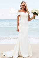 Load image into Gallery viewer, Simple Ivory Satin Off the Shoulder Sweep Train Mermaid Wedding Dress with Lace
