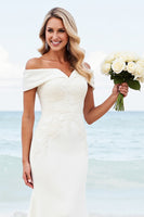 Load image into Gallery viewer, Simple Ivory Satin Off the Shoulder Sweep Train Mermaid Wedding Dress with Lace