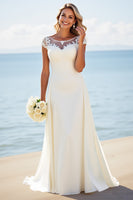 Load image into Gallery viewer, Ivory Illusion Boat Neck Sweep Train Boho Wedding Dress with Lace