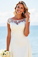 Load image into Gallery viewer, Ivory Illusion Boat Neck Sweep Train Boho Wedding Dress with Lace
