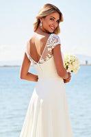 Load image into Gallery viewer, Ivory Illusion Boat Neck Sweep Train Boho Wedding Dress with Lace