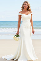 Load image into Gallery viewer, White Satin Off the Shoulder Sweep Train Mermaid Wedding Dress with Appliques