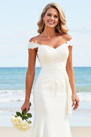 Load image into Gallery viewer, White Satin Off the Shoulder Sweep Train Mermaid Wedding Dress with Appliques