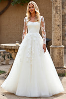 Load image into Gallery viewer, Ivory Organza Square Neck Sweep Train Ball Gown Wedding Dress with Lace