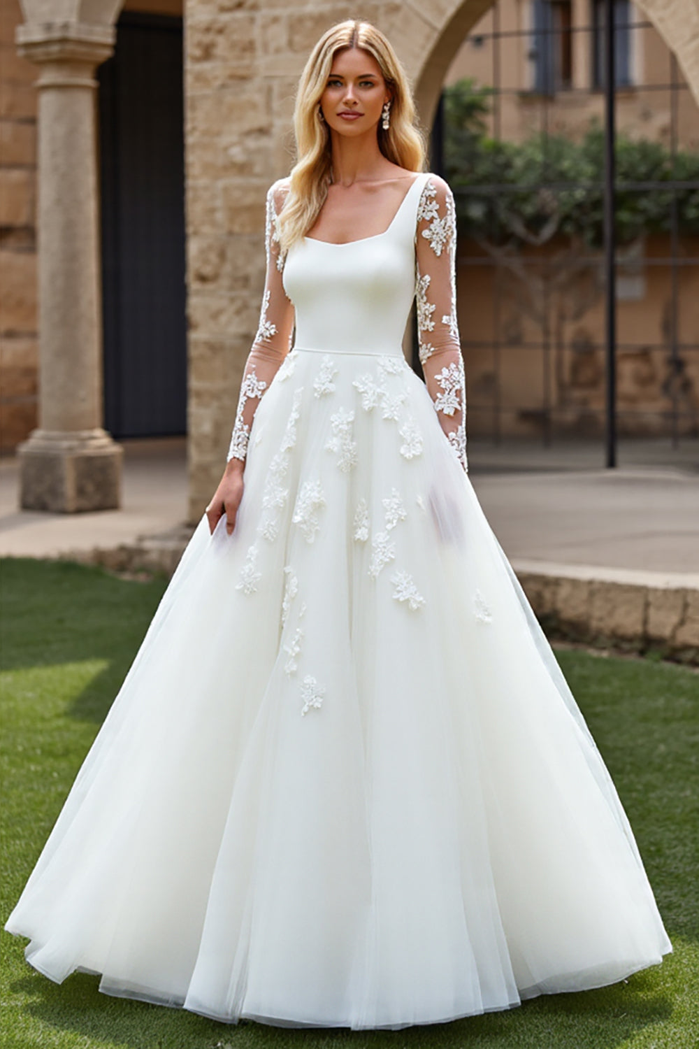 Ivory Organza Square Neck Sweep Train Ball Gown Wedding Dress with Lace