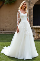 Load image into Gallery viewer, Ivory Organza Square Neck Sweep Train Ball Gown Wedding Dress with Lace