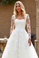 Load image into Gallery viewer, Ivory Organza Square Neck Sweep Train Ball Gown Wedding Dress with Lace