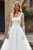 Load image into Gallery viewer, Ivory Organza Square Neck Sweep Train Ball Gown Wedding Dress with Lace
