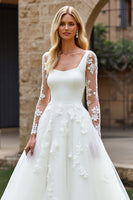 Load image into Gallery viewer, Ivory Organza Square Neck Sweep Train Ball Gown Wedding Dress with Lace