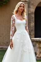 Load image into Gallery viewer, Ivory Organza Square Neck Sweep Train Ball Gown Wedding Dress with Lace