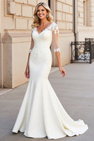 Load image into Gallery viewer, Simple Ivory Satin V Neck Sweep Train Mermaid Wedding Dress with Lace