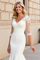 Load image into Gallery viewer, Simple Ivory Satin V Neck Sweep Train Mermaid Wedding Dress with Lace