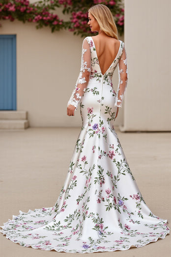 Ivory Flower Satin Square Neck Sweep Train Mermaid Wedding Dress with Lace