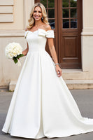 Load image into Gallery viewer, Simple Ivory Satin Off the Shoulder Sweep Train Wedding Dress with Bow