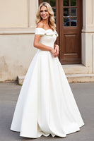 Load image into Gallery viewer, Simple Ivory Satin Off the Shoulder Sweep Train Wedding Dress with Bow