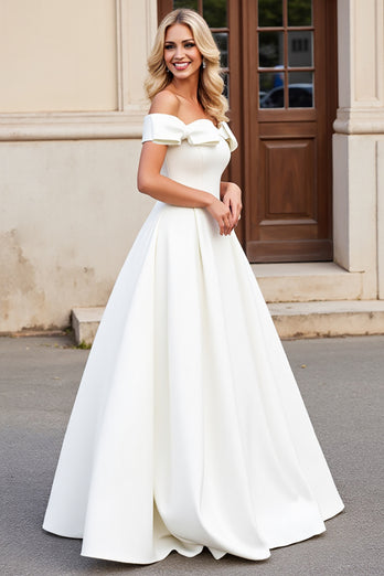 Simple Ivory Satin Off the Shoulder Sweep Train Wedding Dress with Bow
