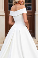 Load image into Gallery viewer, Simple Ivory Satin Off the Shoulder Sweep Train Wedding Dress with Bow