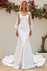 Load image into Gallery viewer, Ivory Satin Scoop Neck Sweep Train Mermaid Wedding Dress with Lace