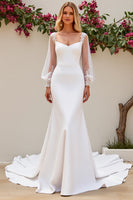 Load image into Gallery viewer, Ivory Satin Scoop Neck Sweep Train Mermaid Wedding Dress with Lace