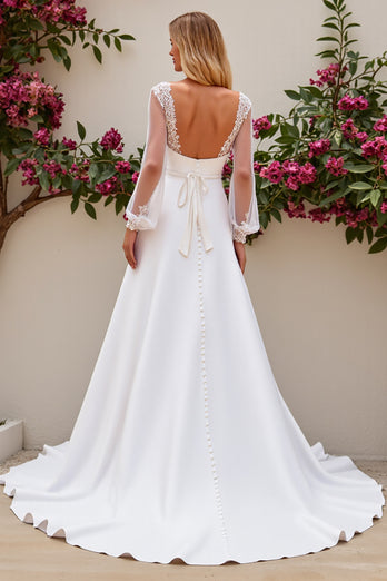 Ivory Satin Scoop Neck Sweep Train Mermaid Wedding Dress with Lace