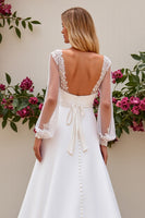 Load image into Gallery viewer, Ivory Satin Scoop Neck Sweep Train Mermaid Wedding Dress with Lace
