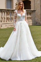 Load image into Gallery viewer, Ivory Organza Illusion Boat Neck Sweep Train Wedding Dress with Lace