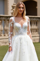 Load image into Gallery viewer, Ivory Organza Illusion Boat Neck Sweep Train Wedding Dress with Lace