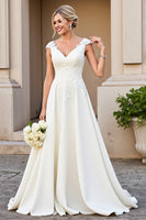 Load image into Gallery viewer, Ivory Satin V Neck A Line Sweep Train Wedding Dress with Appliques