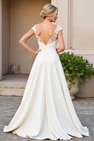 Load image into Gallery viewer, Ivory Satin V Neck A Line Sweep Train Wedding Dress with Appliques