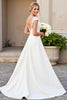 Load image into Gallery viewer, Ivory Satin V Neck A Line Sweep Train Wedding Dress with Appliques