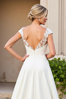 Load image into Gallery viewer, Ivory Satin V Neck A Line Sweep Train Wedding Dress with Appliques