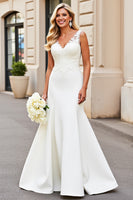 Load image into Gallery viewer, Simple Ivory Mermaid Satin Sweep Train V Neck Wedding Dress with Lace