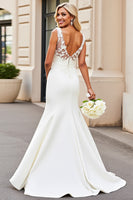 Load image into Gallery viewer, Simple Ivory Mermaid Satin Sweep Train V Neck Wedding Dress with Lace