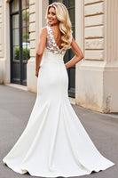 Load image into Gallery viewer, Simple Ivory Mermaid Satin Sweep Train V Neck Wedding Dress with Lace